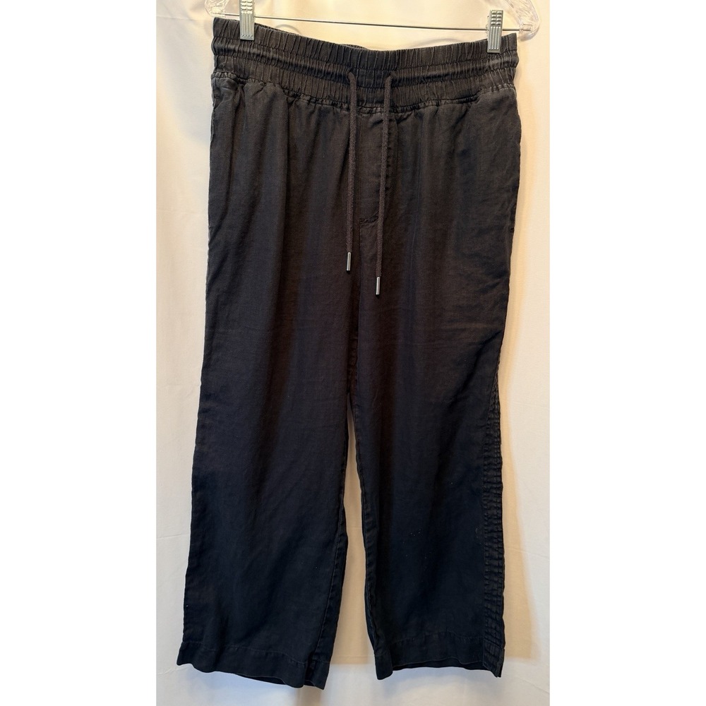 Quince Women's L Black 100% European Linen Pants Elastic Waist Cropped Coastal